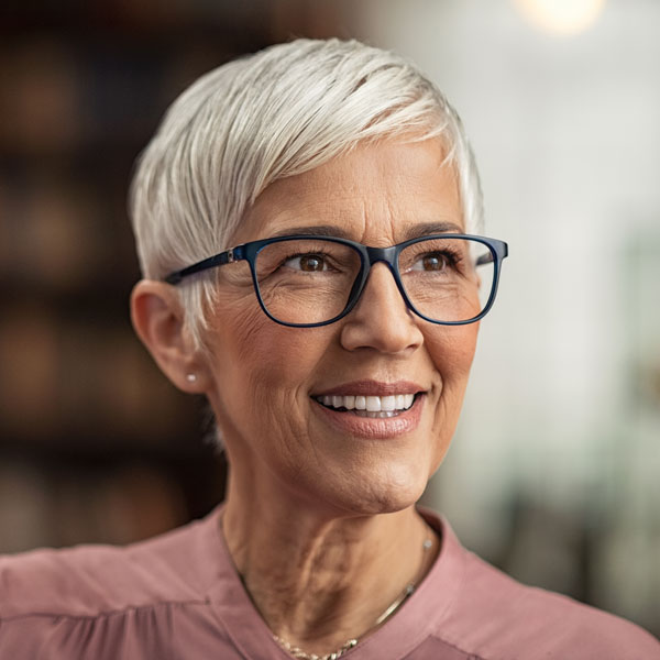 mature woman with glasses smiling
